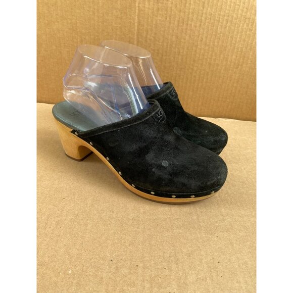 UGG Womens Abbie 5772 Black Suede Clogs Wooden Heel Size 8 Mule Slip on heel - Picture 14 of 16